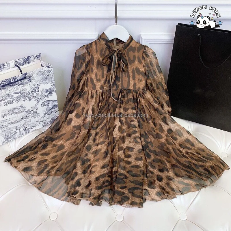 LEZONKIDS - Custom Princess Puff Sleeve Brown Leopard Twirl Tutu 2-12 Years Long Cotton Short Sleeve Breathable Soft Girls Dress